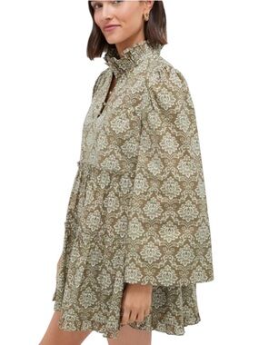 Hyacinth House Russell Ruffle Neck Tiered Cotton Mini Dress Olive & Cream Medium